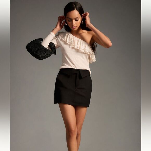 Anthropologie Sheer Polka Dot Ruffle One Shoulder Top Cotton Long Sleeve Cream L - Picture 5 of 11